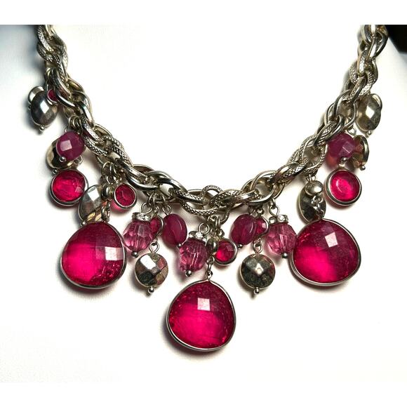 WHBM Faceted Dark Pink Gold Tone Bead Double Link Chain Necklace 18-19” - Picture 3 of 10
